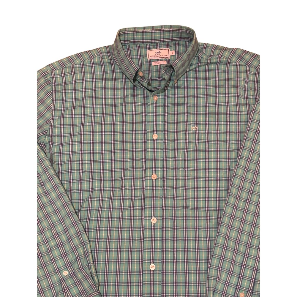 Southern Tide Mens Performance Plaid Button Down Shirt Green Blue Large L